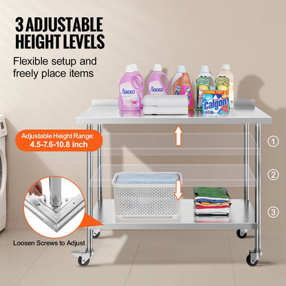 Stainless Steel Work Table with Casters, 0.6 x 1.2 x 1 m, Adjustable Height