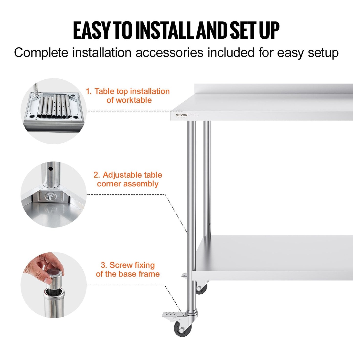 Stainless Steel Work Table with Casters, 0.6 x 1.2 x 1 m, Adjustable Height