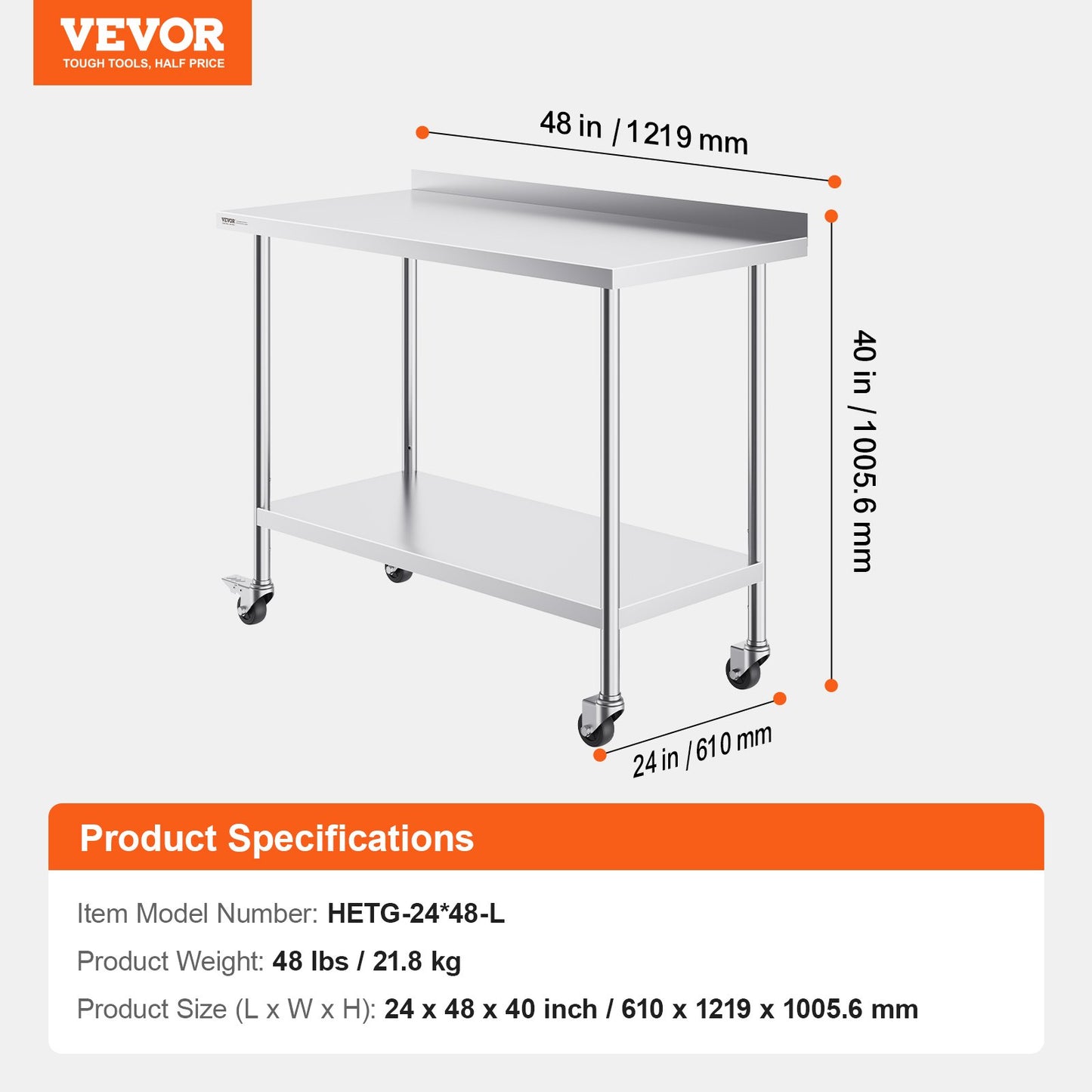 VEVOR 24 x 48 x 40 Inch Stainless Steel Work Table, Commercial Food Prep Worktable