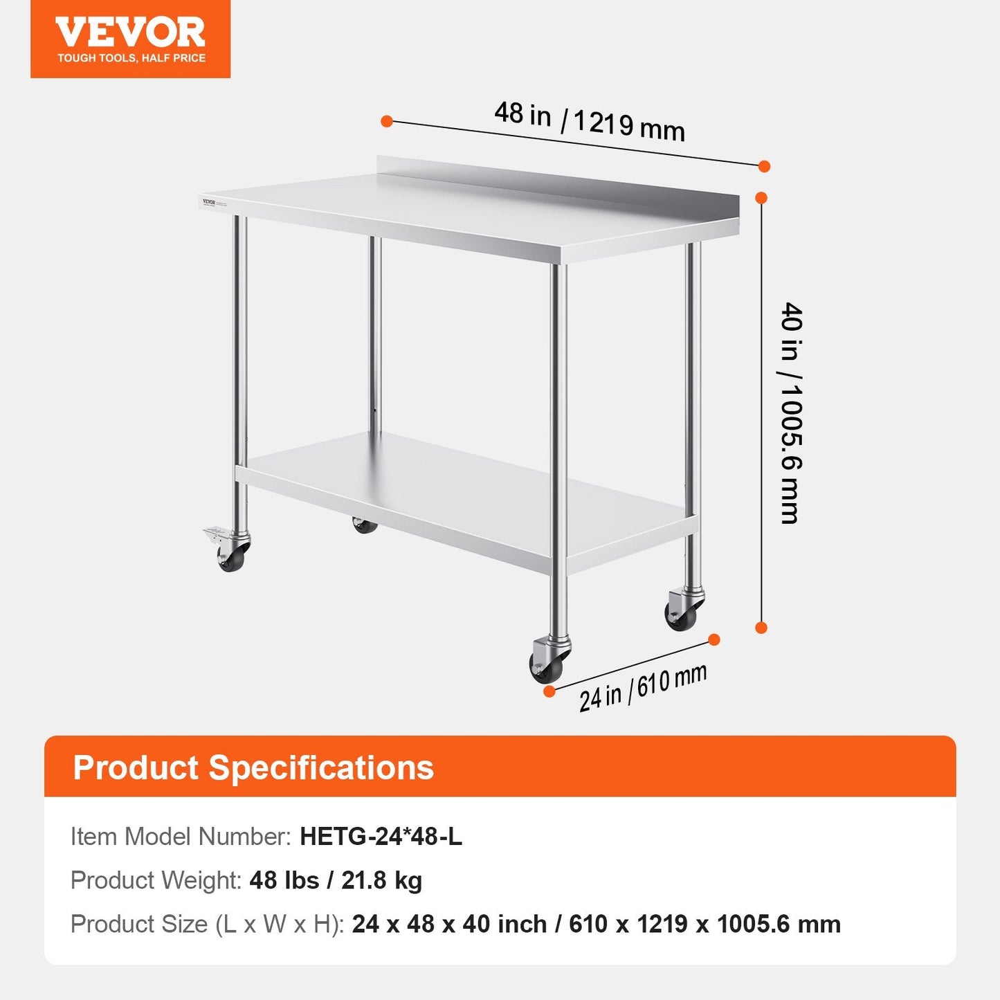 Stainless Steel Work Table with Casters, 0.6 x 1.2 x 1 m, Adjustable Height