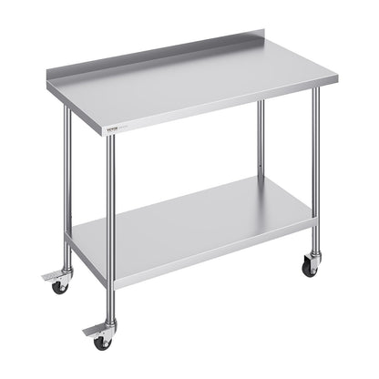 Stainless Steel Work Table with Casters, 0.6 x 1.2 x 1 m, Adjustable Height