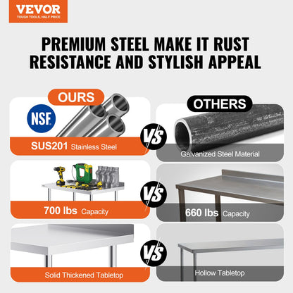 VEVOR 24 x 24 x 40 Inch Stainless Steel Work Table, Commercial Food Prep Worktable