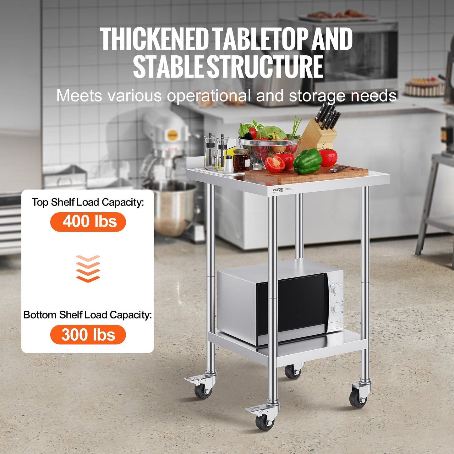 Stainless Steel Worktable with Casters, Adjustable Height, 0.6 x 0.6 x 1 Meter