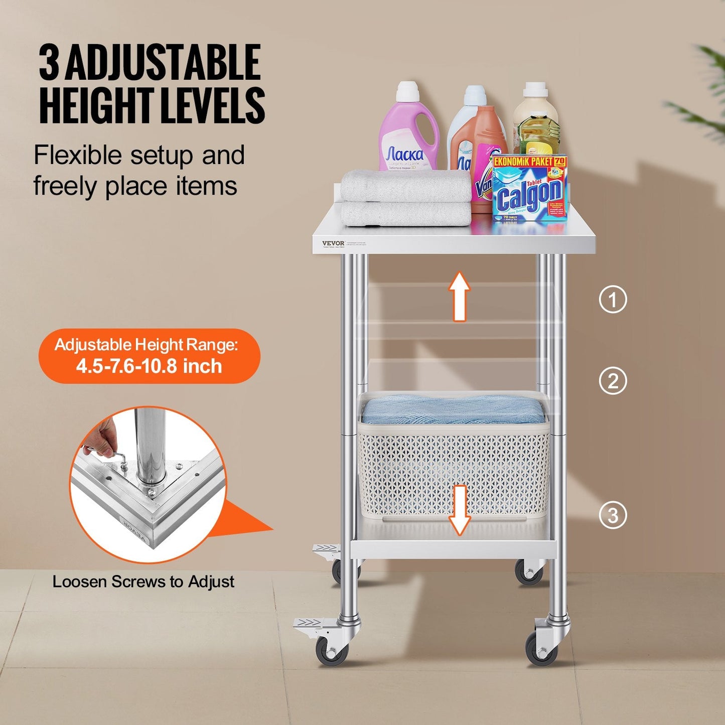 Stainless Steel Worktable with Casters, Adjustable Height, 0.6 x 0.6 x 1 Meter