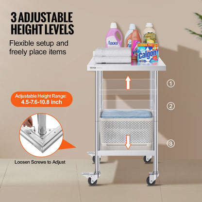 Stainless Steel Worktable with Casters, Adjustable Height, 0.6 x 0.6 x 1 Meter