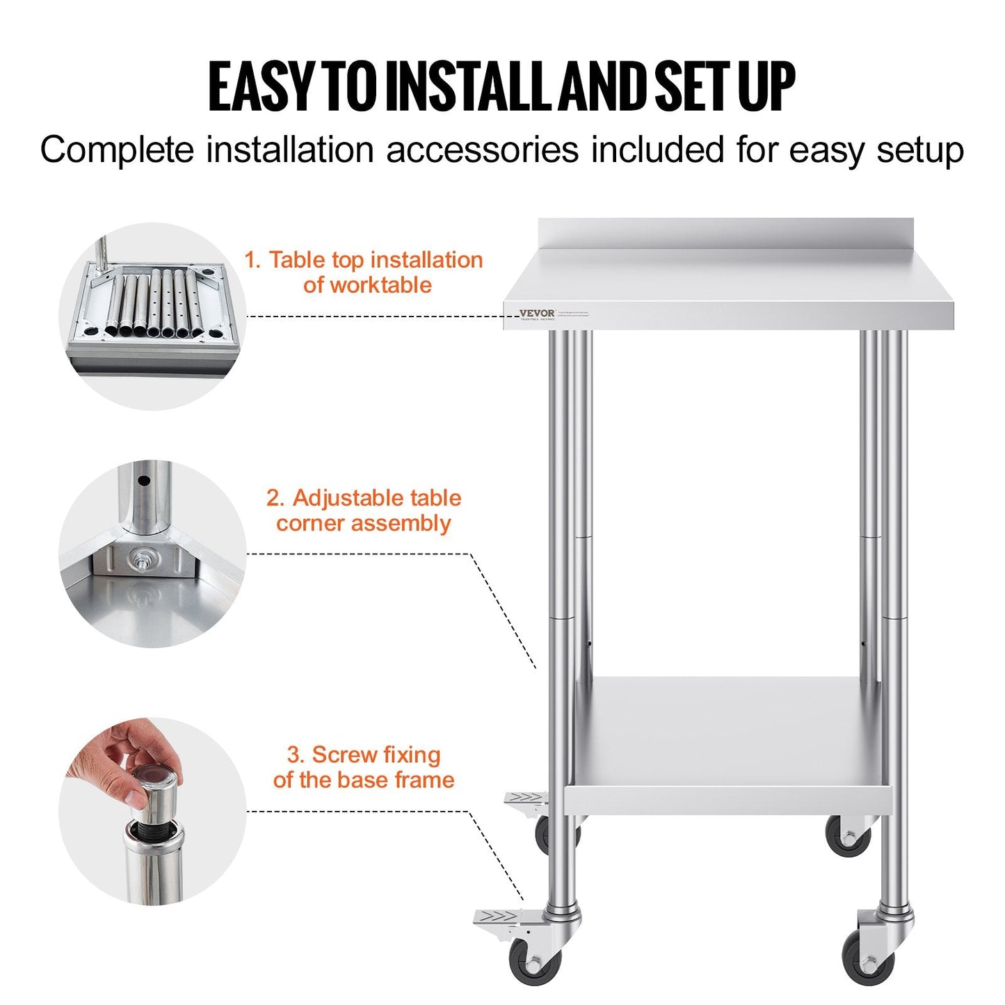 Stainless Steel Worktable with Casters, Adjustable Height, 0.6 x 0.6 x 1 Meter