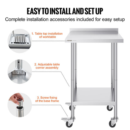 Stainless Steel Worktable with Casters, Adjustable Height, 0.6 x 0.6 x 1 Meter