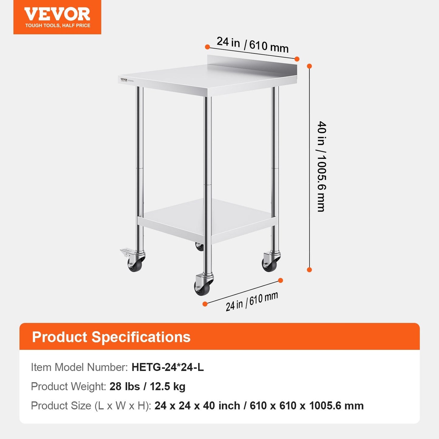 Stainless Steel Worktable with Casters, Adjustable Height, 0.6 x 0.6 x 1 Meter