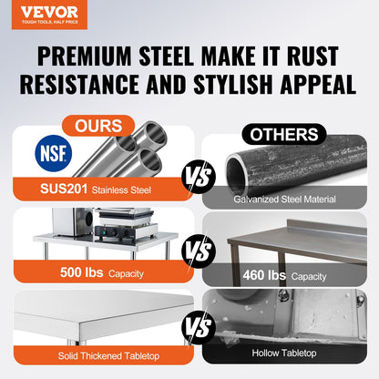 VEVOR Stainless Steel Work Table 24 x 12 x 38 Inch, with 4 Wheels, 3 Adjustable