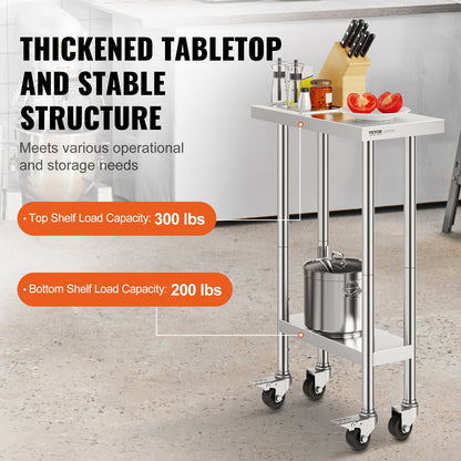VEVOR Stainless Steel Work Table 24 x 12 x 38 Inch, with 4 Wheels, 3 Adjustable