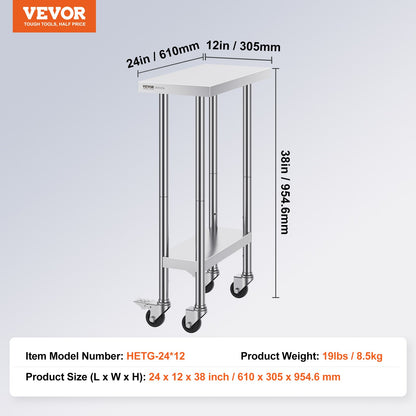 VEVOR Stainless Steel Work Table 24 x 12 x 38 Inch, with 4 Wheels, 3 Adjustable