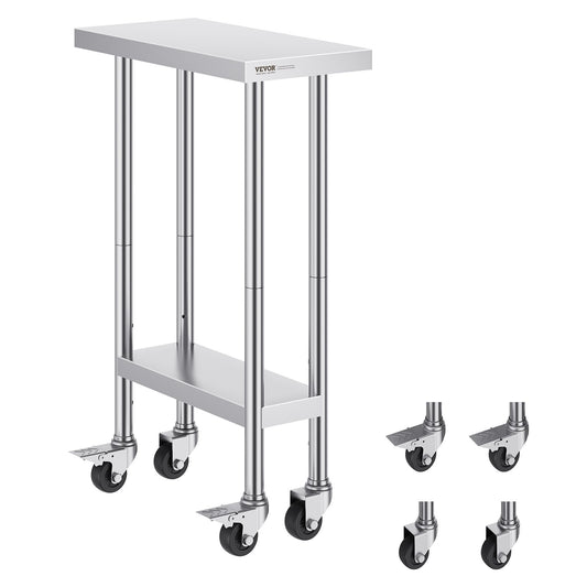 VEVOR Stainless Steel Work Table 24 x 12 x 38 Inch, with 4 Wheels, 3 Adjustable