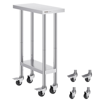 Stainless Steel Work Table 0.6 x 0.3 x 0.9m, 4 Wheels, Adjustable for Kitchen Use