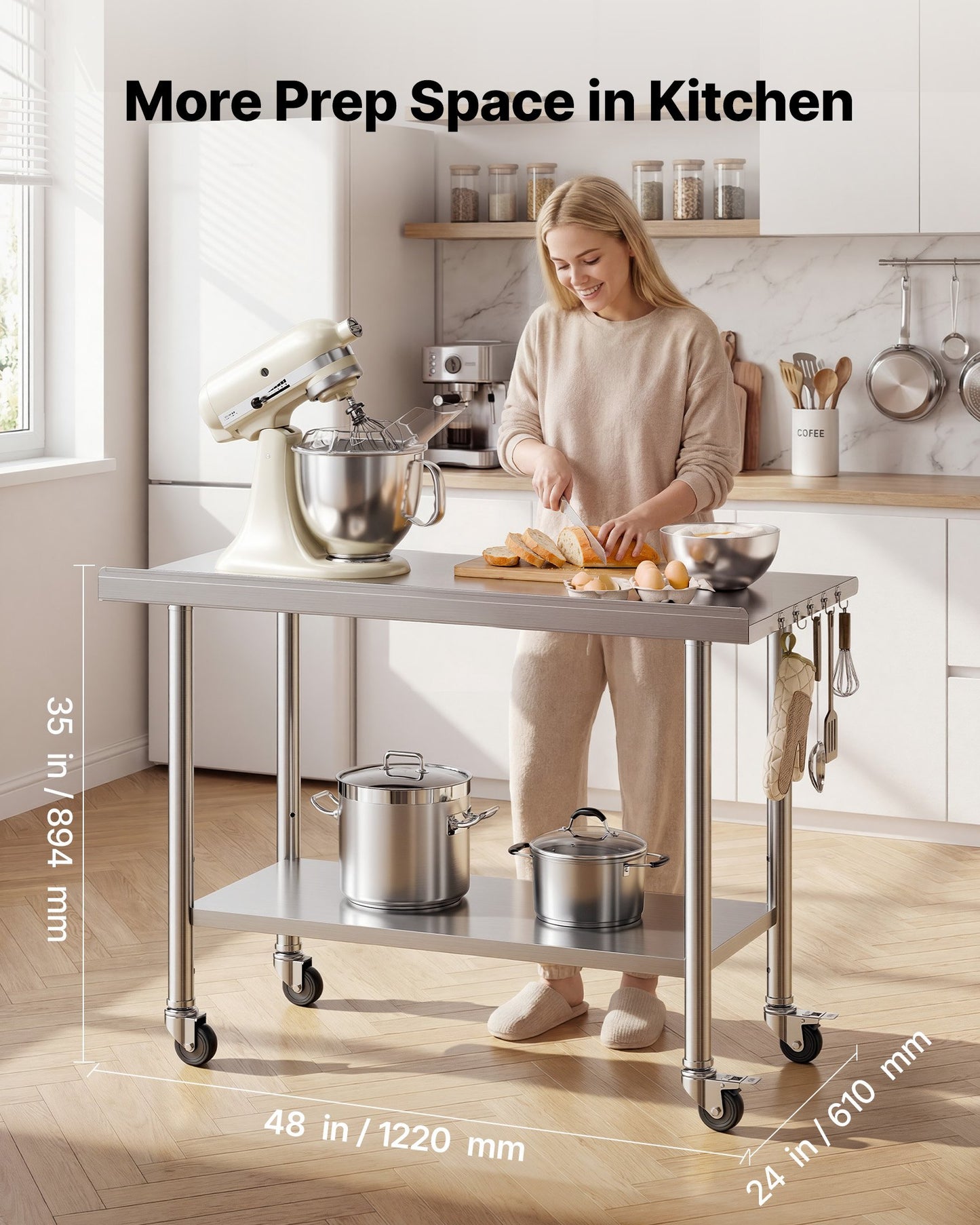 Stainless Steel Work Table, 61x122 cm Food Prep Table with Wheels, Commercial Kitchen Workstation with Adjustable Undershelf, Metal Heavy Duty Utility Worktable, for Restaurant Outdoor
