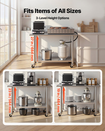 Stainless Steel Work Table, 61x122 cm Food Prep Table with Wheels, Commercial Kitchen Workstation with Adjustable Undershelf, Metal Heavy Duty Utility Worktable, for Restaurant Outdoor