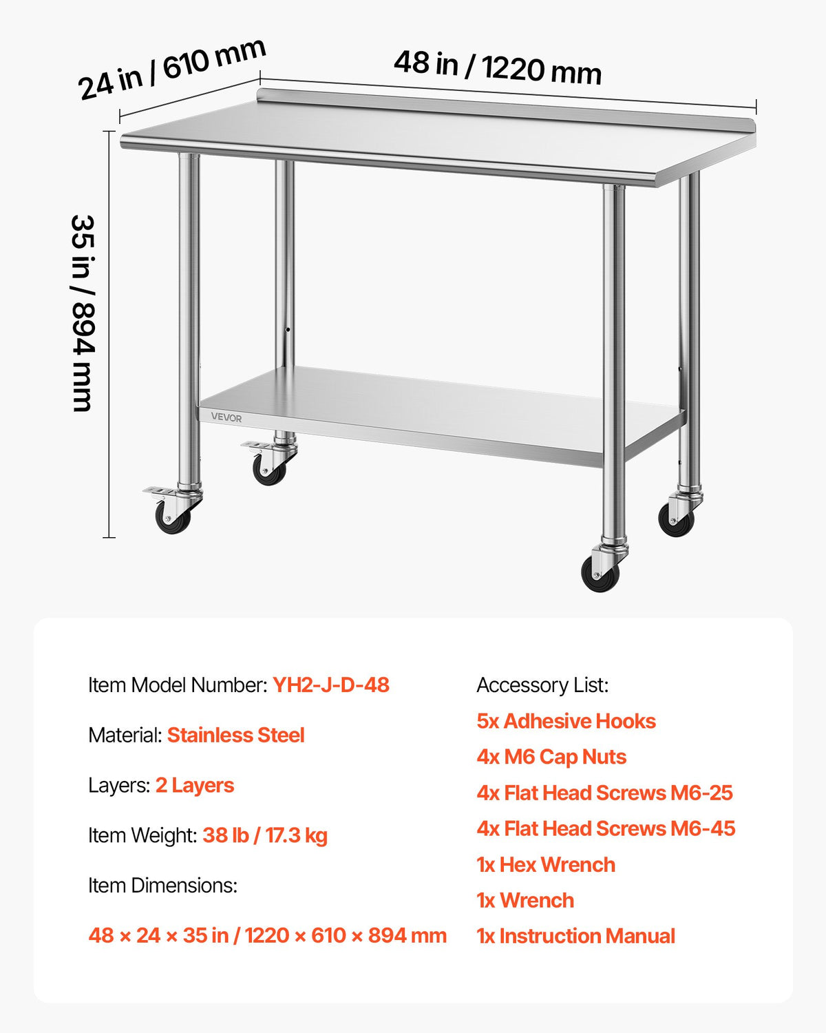 Stainless Steel Work Table, 61x122 cm Food Prep Table with Wheels, Commercial Kitchen Workstation with Adjustable Undershelf, Metal Heavy Duty Utility Worktable, for Restaurant Outdoor