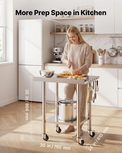Stainless Steel Work Table, 61x76 cm Food Prep Table with Wheels and Backsplash, Commercial Kitchen Workstation with Adjustable Undershelf, Metal Utility Worktable, for Restaurant Outdoor