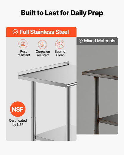 Stainless Steel Work Table, 61x76 cm Food Prep Table with Wheels and Backsplash, Commercial Kitchen Workstation with Adjustable Undershelf, Metal Utility Worktable, for Restaurant Outdoor