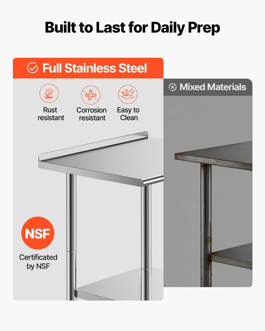 Stainless Steel Work Table, 61x76 cm Food Prep Table with Wheels and Backsplash, Commercial Kitchen Workstation with Adjustable Undershelf, Metal Utility Worktable, for Restaurant Outdoor