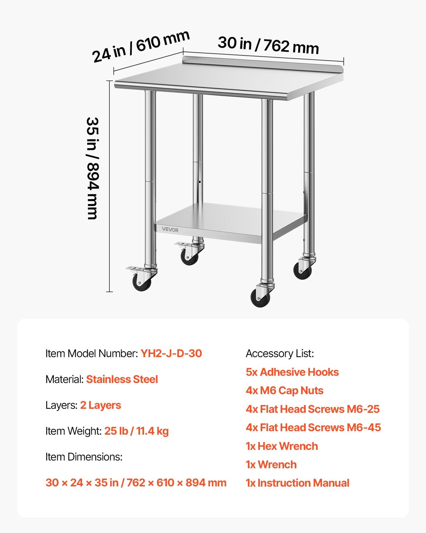 Stainless Steel Work Table, 61x76 cm Food Prep Table with Wheels and Backsplash, Commercial Kitchen Workstation with Adjustable Undershelf, Metal Utility Worktable, for Restaurant Outdoor