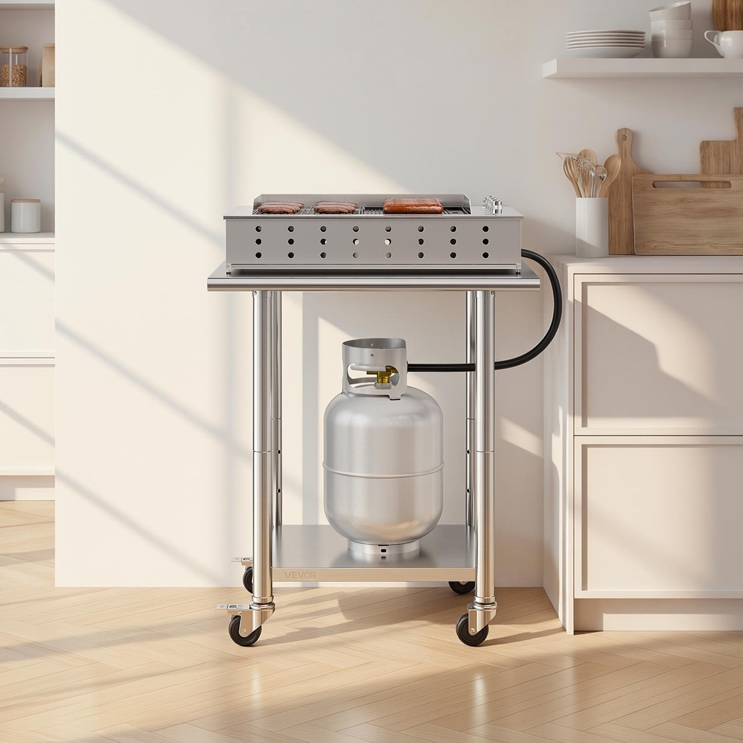 Stainless Steel Work Table, 61x76 cm Food Prep Table with Wheels and Backsplash, Commercial Kitchen Workstation with Adjustable Undershelf, Metal Utility Worktable, for Restaurant Outdoor