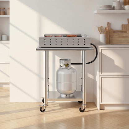 Stainless Steel Work Table, 61x76 cm Food Prep Table with Wheels and Backsplash, Commercial Kitchen Workstation with Adjustable Undershelf, Metal Utility Worktable, for Restaurant Outdoor
