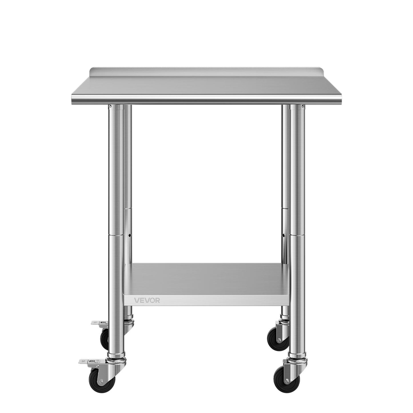 Stainless Steel Work Table, 61x76 cm Food Prep Table with Wheels and Backsplash, Commercial Kitchen Workstation with Adjustable Undershelf, Metal Utility Worktable, for Restaurant Outdoor