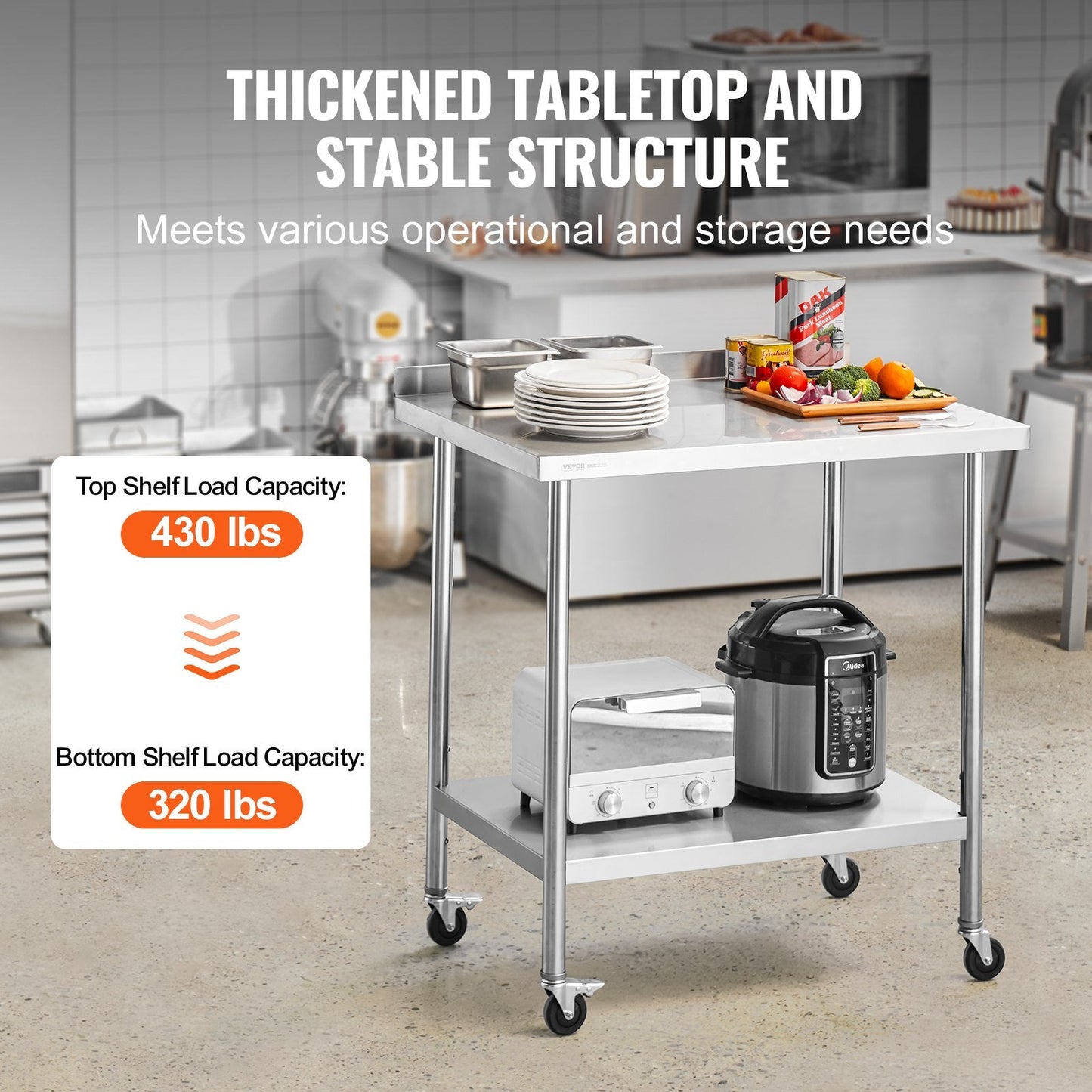 Stainless Steel Food Prep Table with Casters, Adjustable Height, 0.6 x 0.9 x 1 m