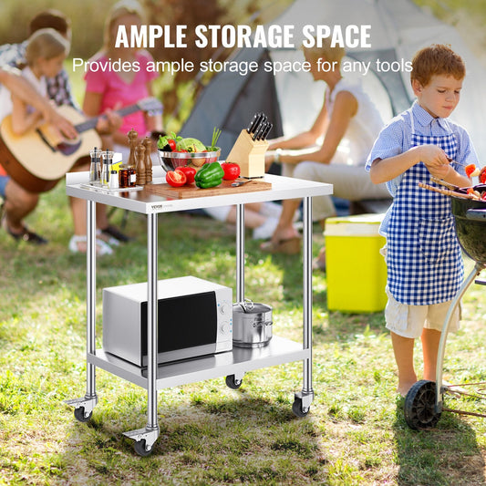 Stainless Steel Food Prep Table with Casters, Adjustable Height, 0.6 x 0.9 x 1 m