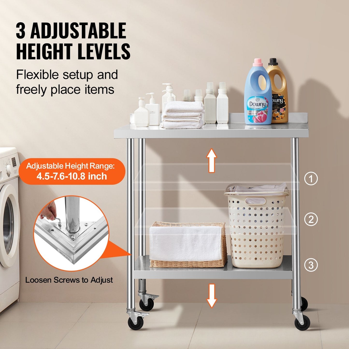Stainless Steel Food Prep Table with Casters, Adjustable Height, 0.6 x 0.9 x 1 m