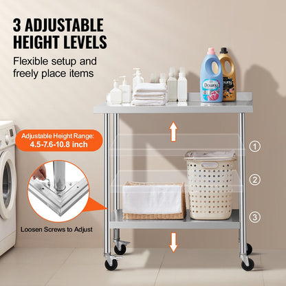 Stainless Steel Food Prep Table with Casters, Adjustable Height, 0.6 x 0.9 x 1 m