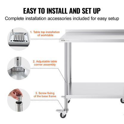 Stainless Steel Food Prep Table with Casters, Adjustable Height, 0.6 x 0.9 x 1 m