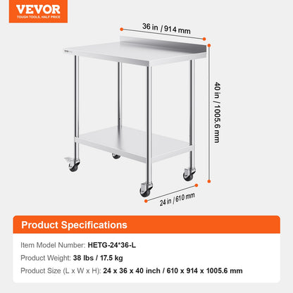 VEVOR 24 x 36 x 40 Inch Stainless Steel Work Table, Commercial Food Prep Worktable