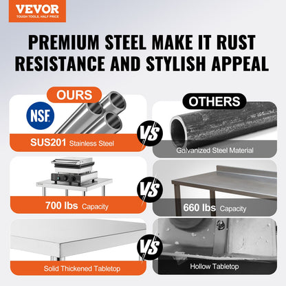 VEVOR Stainless Steel Prep Table, 24 x 24 x 34 Inch, 700 lbs Load Capacity, Heavy
