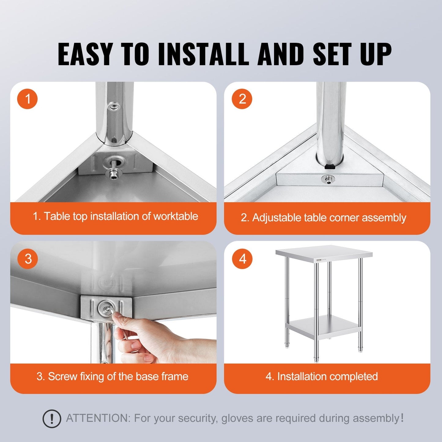 Stainless Steel Prep Table, 0.61 x 0.61 x 0.86m, 317 kg Capacity, Adjustable Height