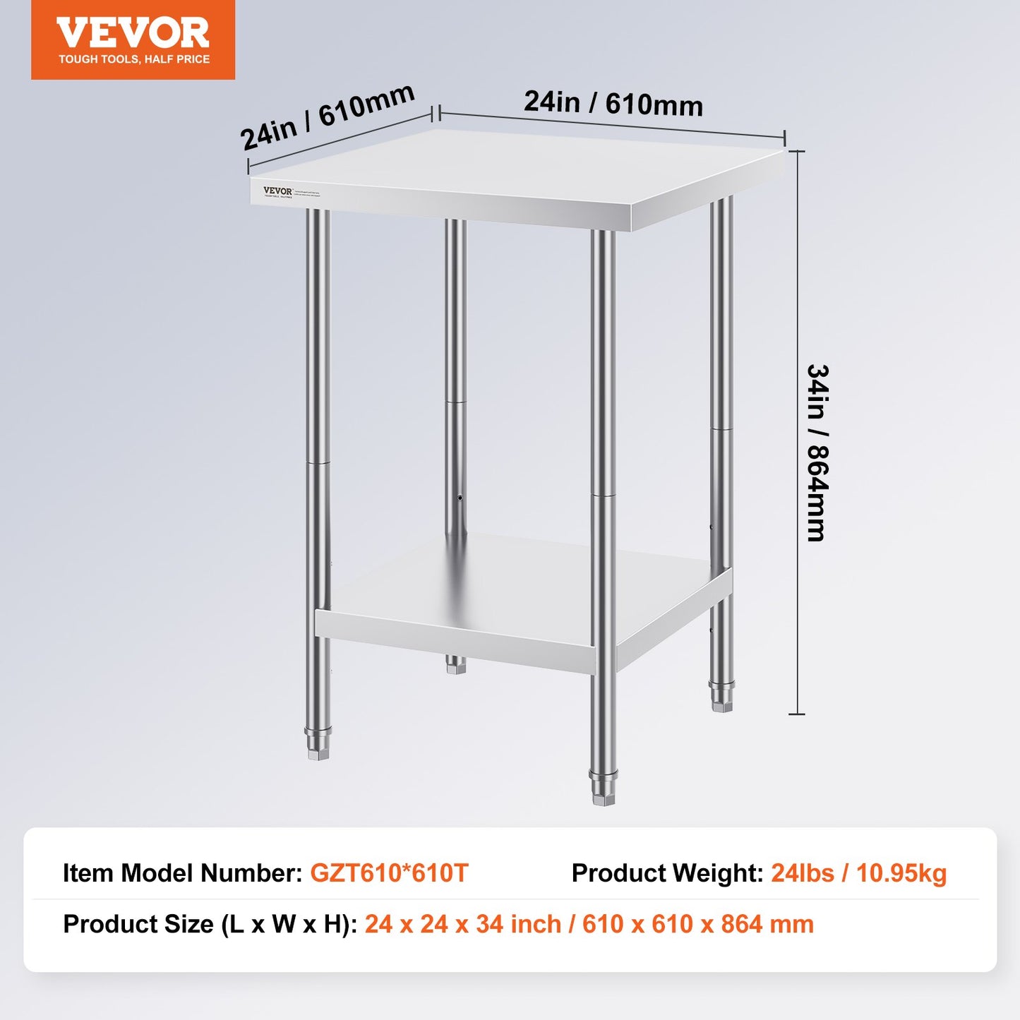 VEVOR Stainless Steel Prep Table, 24 x 24 x 34 Inch, 700 lbs Load Capacity, Heavy