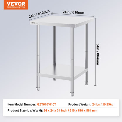 VEVOR Stainless Steel Prep Table, 24 x 24 x 34 Inch, 700 lbs Load Capacity, Heavy