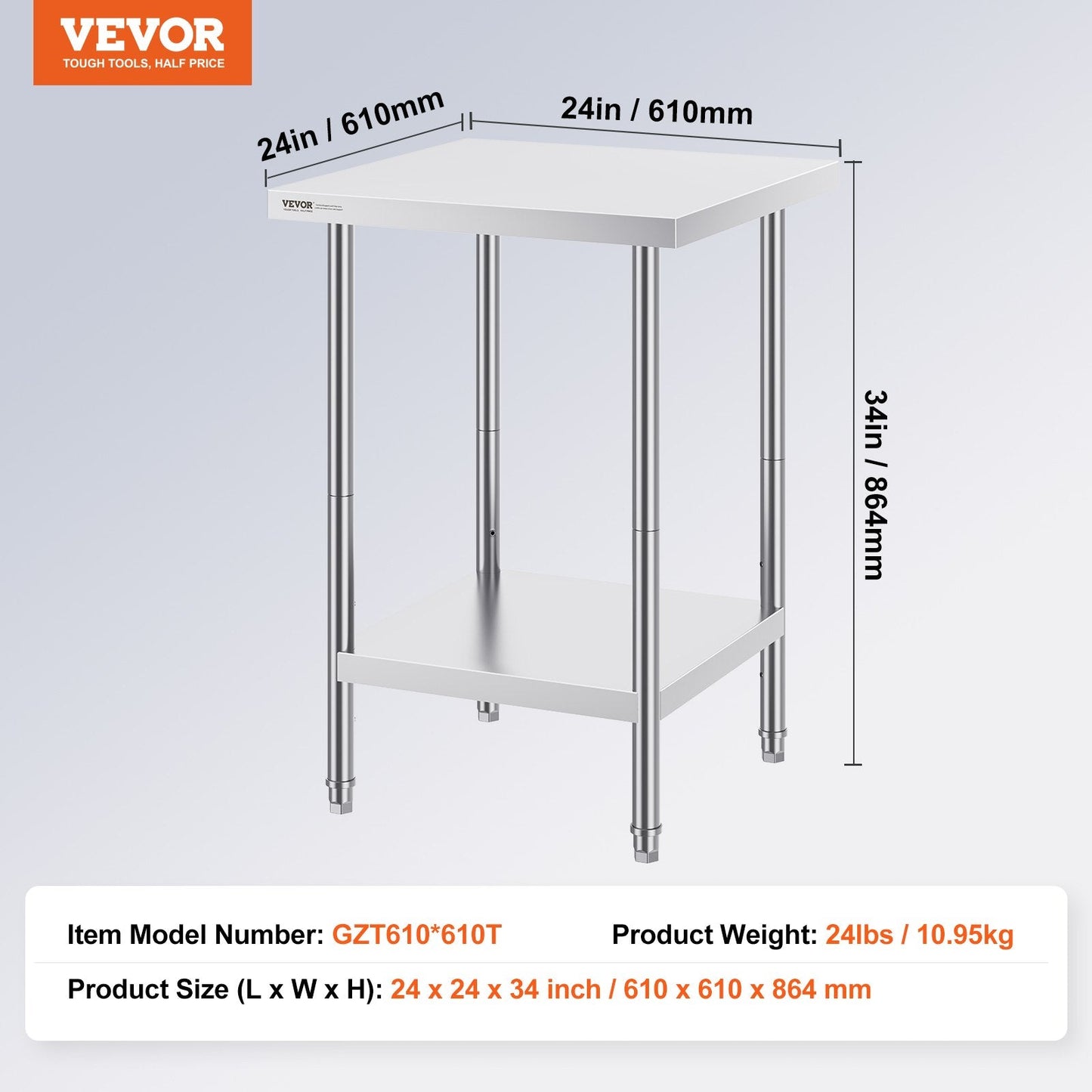Stainless Steel Prep Table, 0.61 x 0.61 x 0.86m, 317 kg Capacity, Adjustable Height