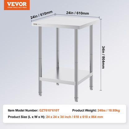 Stainless Steel Prep Table, 0.61 x 0.61 x 0.86m, 317 kg Capacity, Adjustable Height
