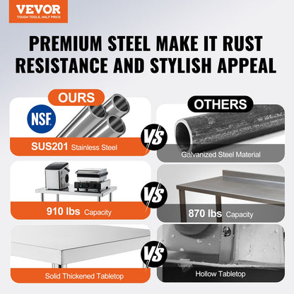 VEVOR Stainless Steel Prep Table, 30 x 60 x 34 Inch, Heavy Duty Metal Worktable