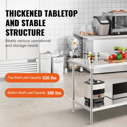 VEVOR Stainless Steel Prep Table, 30 x 60 x 34 Inch, Heavy Duty Metal Worktable