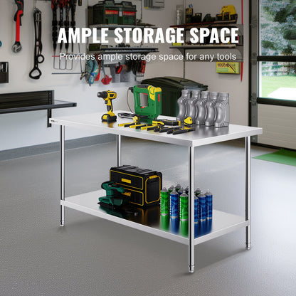 VEVOR Stainless Steel Prep Table, 30 x 60 x 34 Inch, Heavy Duty Metal Worktable