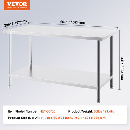 VEVOR Stainless Steel Prep Table, 30 x 60 x 34 Inch, Heavy Duty Metal Worktable