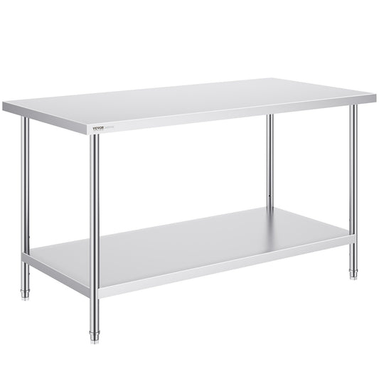 VEVOR Stainless Steel Prep Table, 30 x 60 x 34 Inch, Heavy Duty Metal Worktable
