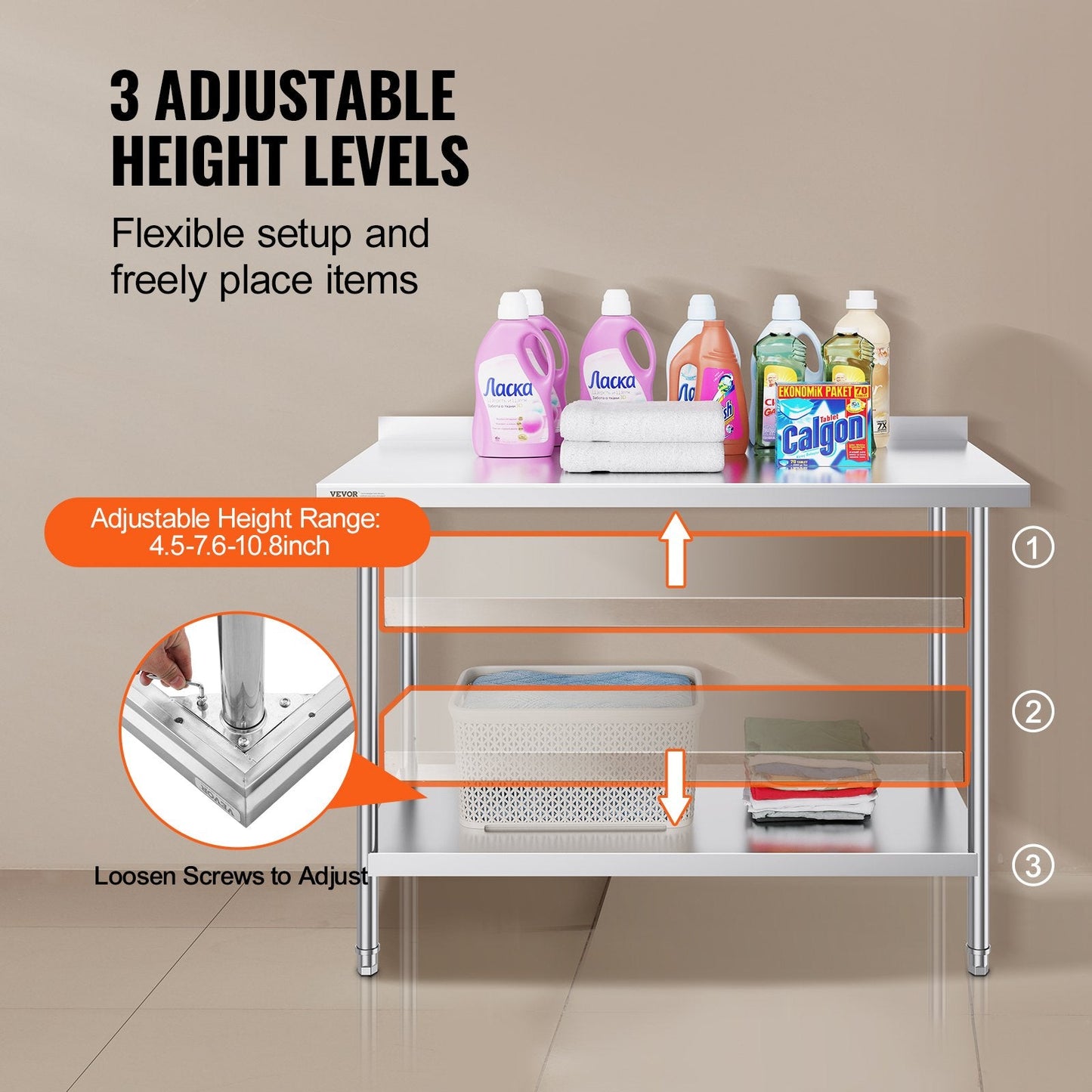 Stainless Steel Work Table: 0.61 x 1.22 x 0.91 m Adjustable Height for Kitchen Use