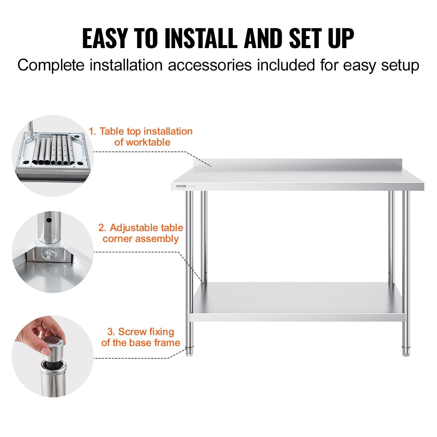Stainless Steel Work Table: 0.61 x 1.22 x 0.91 m Adjustable Height for Kitchen Use
