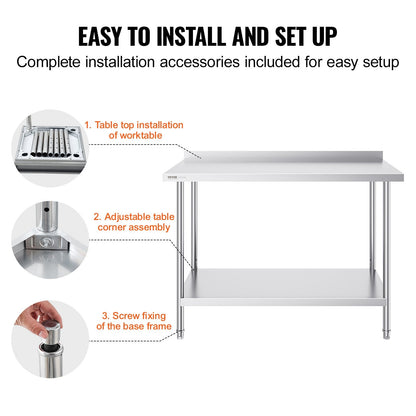 Stainless Steel Work Table: 0.61 x 1.22 x 0.91 m Adjustable Height for Kitchen Use