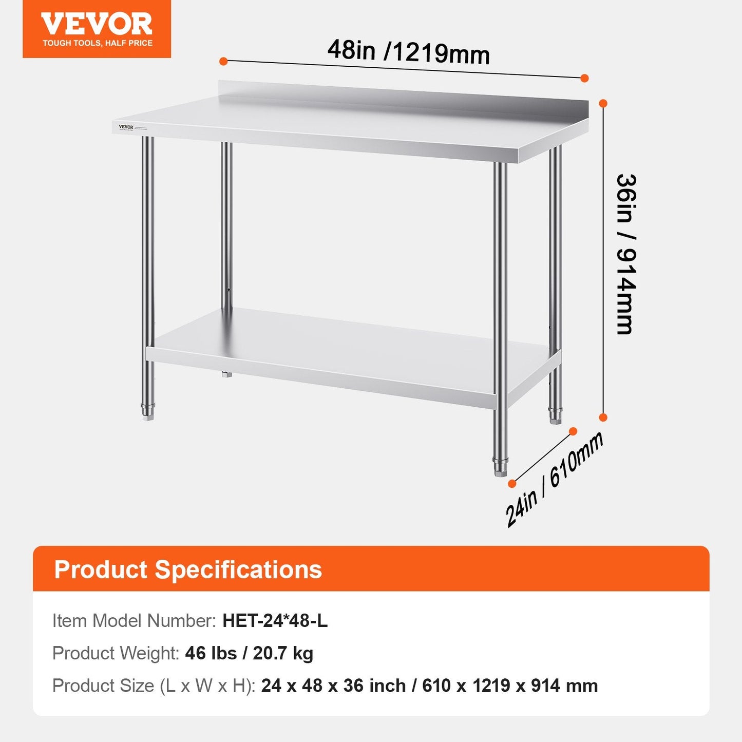 Stainless Steel Work Table: 0.61 x 1.22 x 0.91 m Adjustable Height for Kitchen Use