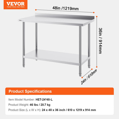 Stainless Steel Work Table: 0.61 x 1.22 x 0.91 m Adjustable Height for Kitchen Use