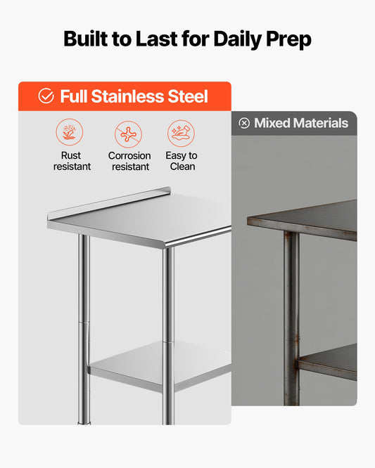Stainless Steel Work Table, 61x76 cm Food Prep Table with Backsplash, Commercial Kitchen Workstation with Adjustable Undershelf, Metal Heavy Duty Utility Worktable, for Restaurant Outdoor